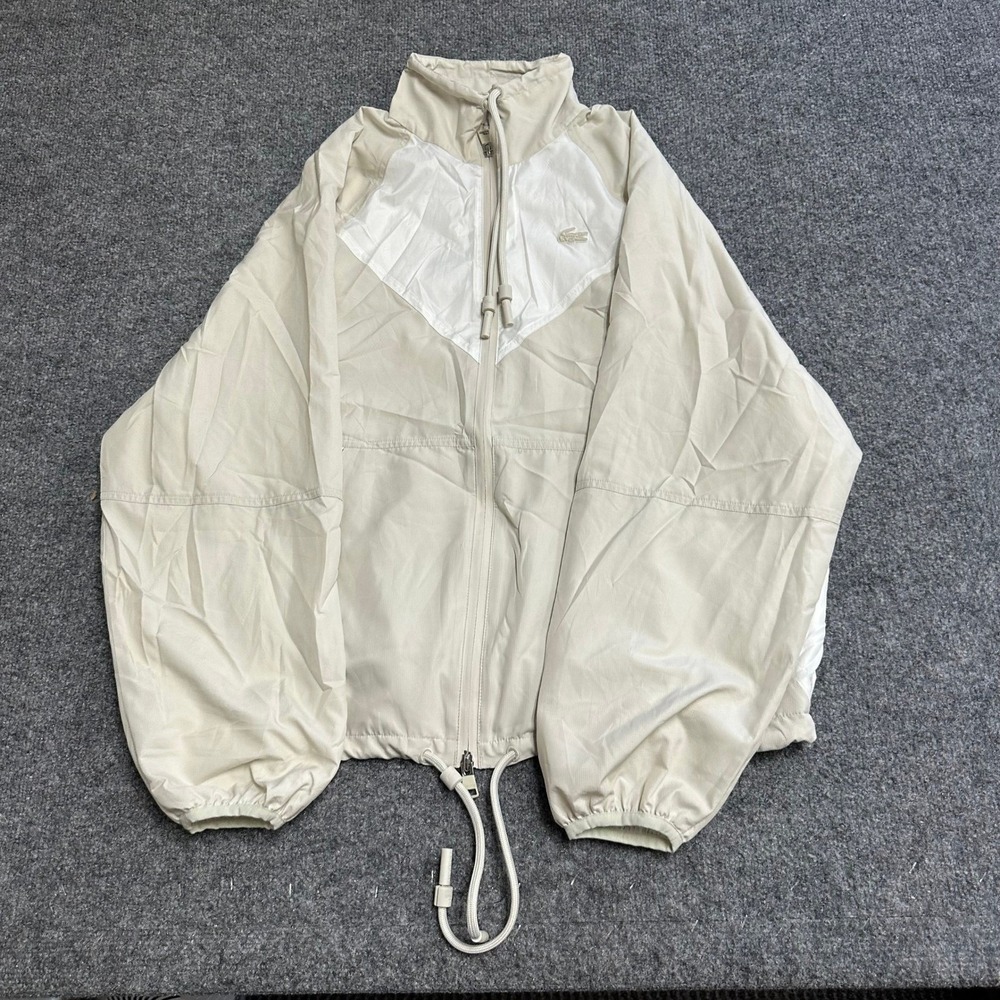 Lacoste Jacket Womens Size 42 Beige White Full Zip Mesh Lined Windbreaker Sporty